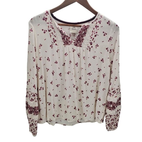 Knox Rose Womens Pink Cream Floral Tunic Top Sz S Long Sleeve V-Neck Lace Boho - Picture 3 of 15